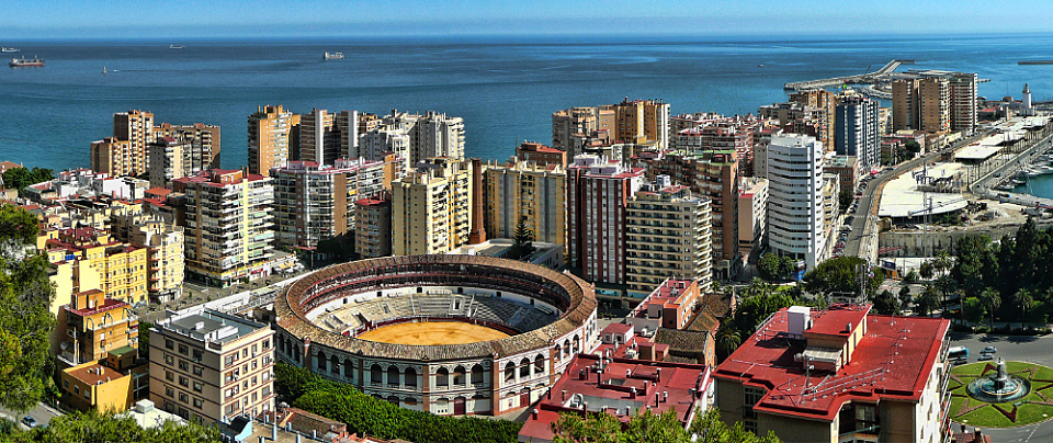 Malaga Spain, Marquette and the Plaza de Toros, built in 1874 by the architect Joaquin Ruchbah