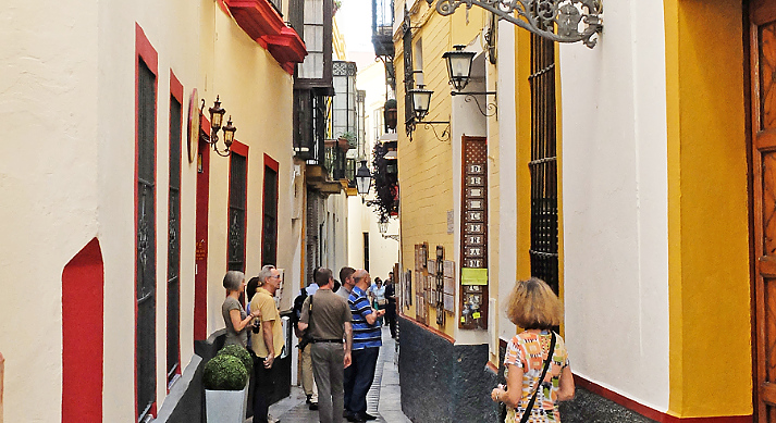 Spain. Barrio Santa Cruz Seville’s Jewish quarter… nature's air-conditioner. Squeeze into narrow 
alleyways built to keep out the hot Andalucia sun