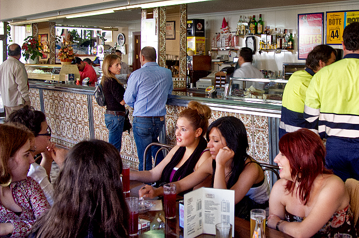 he girl's lunch Locals meet for lunch at a quiet neighborhood café away from the daily crowds of visitors to Cordoba. Spain